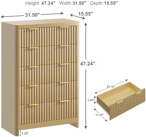Fluted 47" Tall Dresser for Bedroom with 5 Drawers, Modern Chest of Drawers with Metal Handle & Deep Storage, Wood Closet Clothes Storage Organizer for Living Room & Hallway, Natural Oak Dresser - Image 2