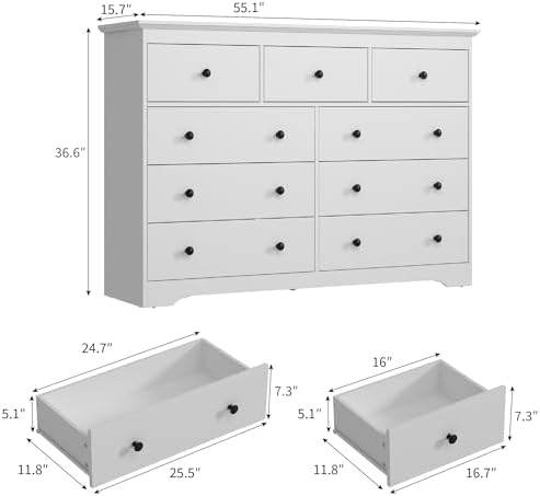 55 Inch Wide White Dresser for Bedroom, 9 Drawer Dresser with Large Drawers, Wood Chest for Living Room, Hallway - Image 2