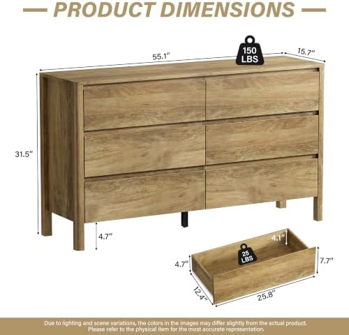 55.1" Wide 6 Drawer Wood Dresser for Bedroom with Legs, Natural Oak - Image 2