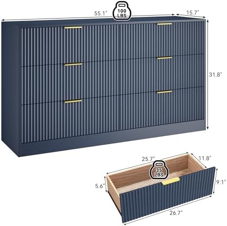 Blue Dresser with 6 Drawer 55" Wide Fluted Dresser for Bedroom丨Modern Chest of Drawer with Metal Handles, Wood TV Stand for Bedroom, Living Room, Entryway, Hallway, Blue - Image 2