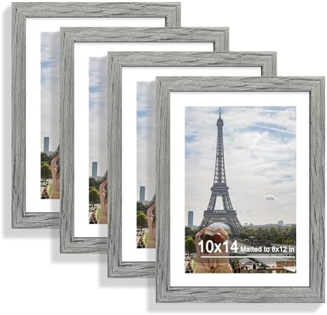Hongkee 10x14 Picture Frame Set of 4, Made of Glass and Grey Wooden Frame, Display 8x12 Pictures with Mat or 30 x 40cm Diamond Painting Art without Mat for Wall Mounting, Gallery Photo Frames by Hongkee