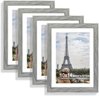 Hongkee 10x14 Picture Frame Set of 4, Made of Glass and Grey Wooden Frame, Display 8x12 Pictures with Mat or 30 x 40cm Diamond Painting Art without Mat for Wall Mounting, Gallery Photo Frames by Hongkee
