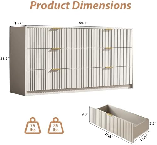 MAISONARIA 6 Drawer Dresser for Bedroom, 55" Wide Modern Chest of Drawers with Gold Metal Handles, Fluted Wood TV Stand for Living Room, Hallway(Beige) - Image 2