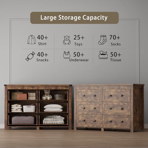 Wodeer 6 Drawer Dresser for Bedroom, Brown Modern Dressers & Chests of Drawers with Metal Handles, Closet Storage Dresser, Storage Cabinet and Organizer with Drawers - Image 5