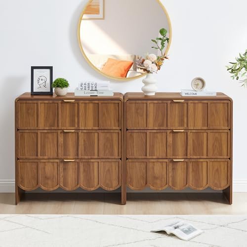ORRD 3 Drawer Dresser for Bedroom Set of 2, Modern Closet Chest of Drawers with Wave Fluted Drawer, Wood Storage Small Dresser Organizer for Nursery Bedroom Living Room Hallway Closet (Walnut) by ORRD