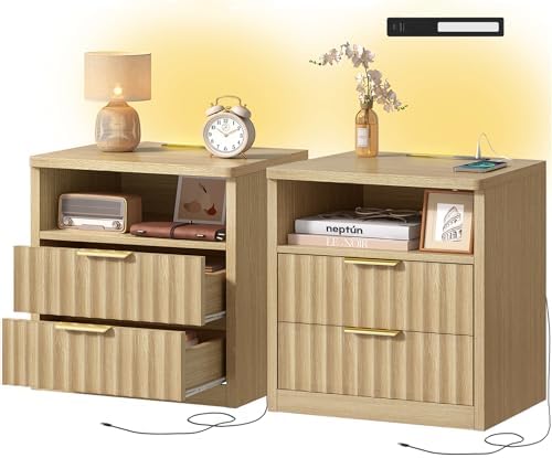 TEENFON Fluted Nightstands Set of 2, Night Stand with Charging Station and LED Light, Storage Drawer and Open Shelf, Modern Bedside Table for Small Space, for Bedroom, Natural by TEENFON