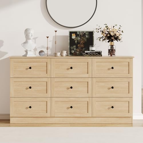 Furnify 9 Drawer Dresser, 59" Wide Dresser for Bedroom, Modern Large Chest of Drawers, TV Stand for 65 inch, Storage Organizer with Metal Handles for Bedroom, Living Room, Hallway, Natural - Image 5