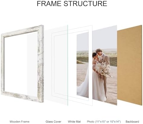 Hongkee 11x15 Picture Frame Set of 4, Made of Real Glass and Distressed White Frame - Display Picture 10x14 with Mat or 11x15 Without Mat, 11 by 15 Photo for Wall Mounting - Image 3