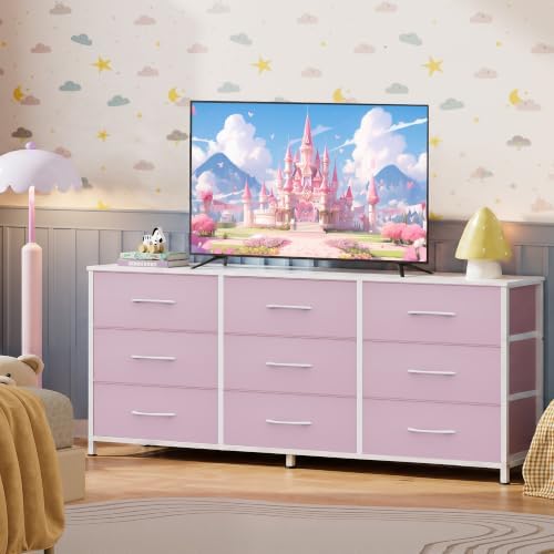 WLIVE Dresser TV Stand for 55 Inch TV, 9 Drawer Dresser for Bedroom, A-Pink - Image 2