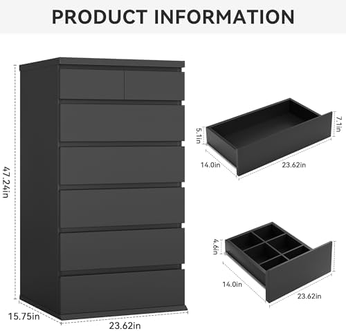 Black Tall 7 Drawer Dresser for Bedroom, Modern Wood Closet Dressers & Chests of Drawers with Jewelry Storage, 23.6" L*15.8" W*47.5" H in Large Vertical Dresser for Bedroom, Living Room, Nursery - Image 2