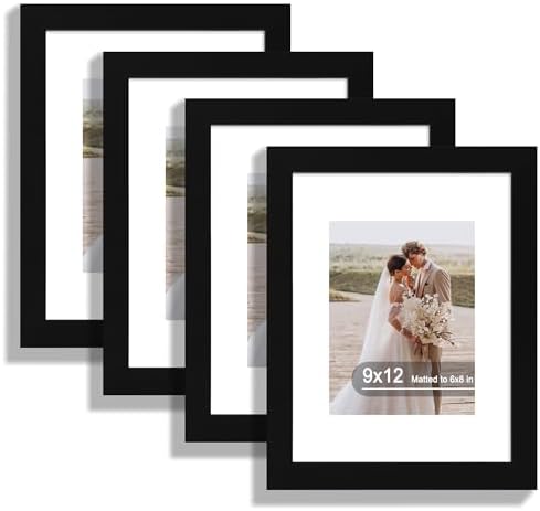 Hongkee 9x12 Picture Frame Set of 4, Made of Real Glass and Rustic Black Frame - Display Picture 6x8 with Mat or 9 x 12 Without Mat, 9 by 12 Photo for Wall or Tabletop by Hongkee