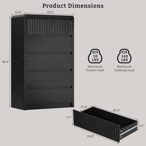 LYNSOM Black Fluted 5 Drawer Dresser for Bedroom, Curved Edge, 48" Tall - Image 2