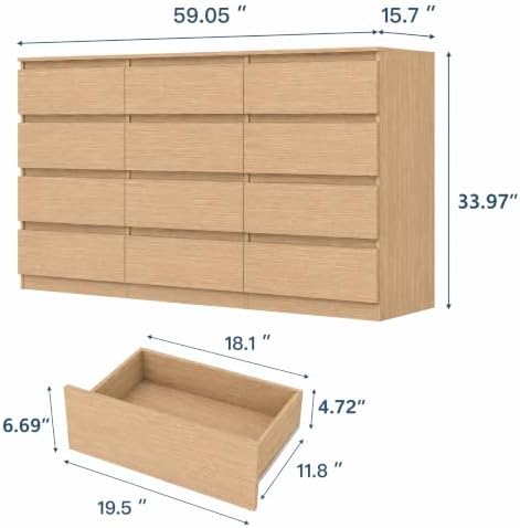 12 Drawer Dresser for Bedroom,Modern Deep Drawer Dresser with No-Handle Design,Storage Wood Chest of Drawer,Storage Organizer Furniture for Closet,Hallway - Image 2