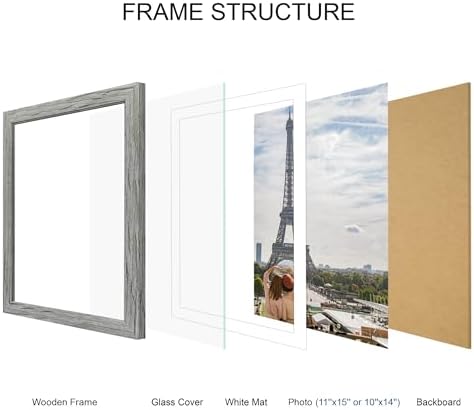 Hongkee 11x15 Picture Frame Set of 4, Made of Real Glass and Grey Frame - Display Picture 10x14 with Mat or 11x15 Without Mat, 11 by 15 Photo for Wall Mounting - Image 3