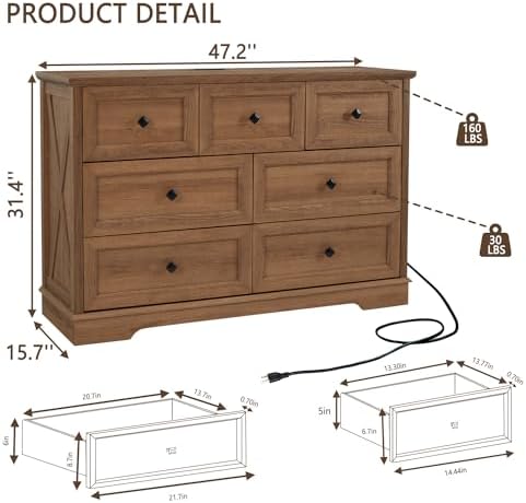 Farmhouse 7 Drawers Dresser for Bedroom with Charging Station,Wood Dressers - Image 2
