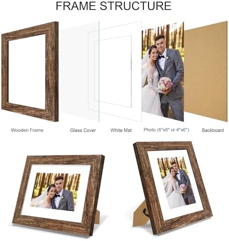 Hongkee 6x8 Picture Frame Set of 4, Made of Real Glass and Rustic Brown Frame - Display Picture 4x6 with Mat or 6x8 Without Mat, 6 by 8 Photo for Wall or Tabletop - Image 3
