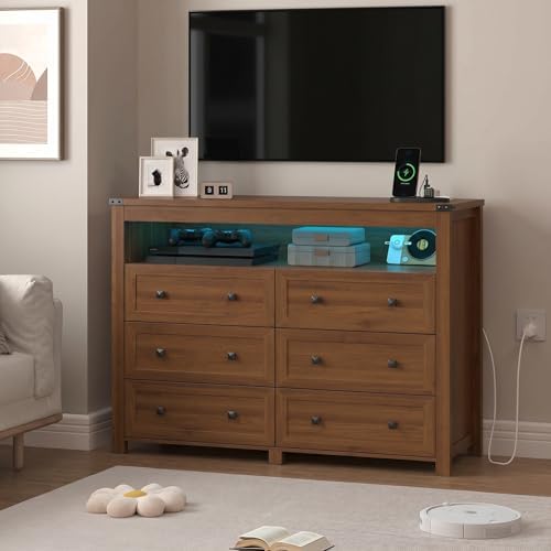 Wodeer Dresser 6 Drawer Dressers for Bedroom with LED Lights, Charging Station, Wood Chest of Drawers with Metal Handles, Modern TV Stand Storage Cabinet for Living Room, Hallway, Entryway, Walnut - Image 3