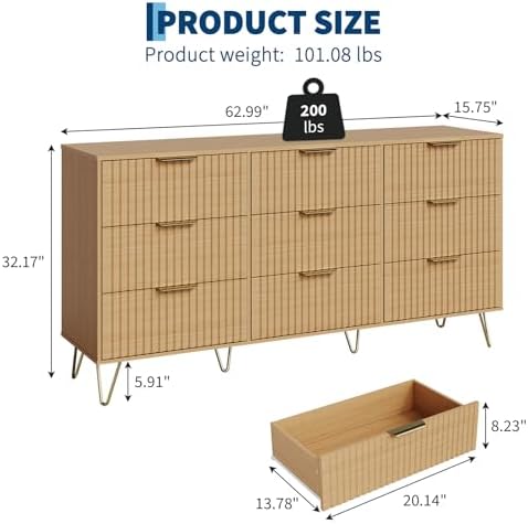 Garvee 63" Wide Fluted Dresser for Bedroom with 9 Drawers, Modern Wooden Chest of Drawers with Metal Handles, Large Clothes Storage Organizer & TV Stand for Living Room, Closet, Hallway, Oak Finish - Image 2