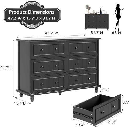 Black 6 Drawer Dresser, Vintage Chest of Drawers, 47.2'' Bedroom Cabinet - Image 2