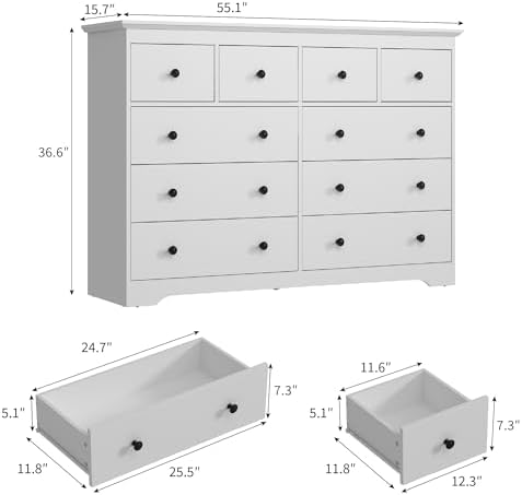 White Dresser for Bedroom, 10 Drawer Dresser with Large Drawers, 55 Inch Wide Wood Chest for Living Room, Hallway - Image 2