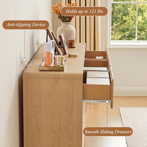 AVZEAR Modern 9 Drawer Dresser for Bedroom, 63" Wide Wooden Dresser Chest of Drawers, Handle Free & Curved Profile Design, Mid Century Closet Clothes Storage Organizer for Living Room, Natural - Image 5