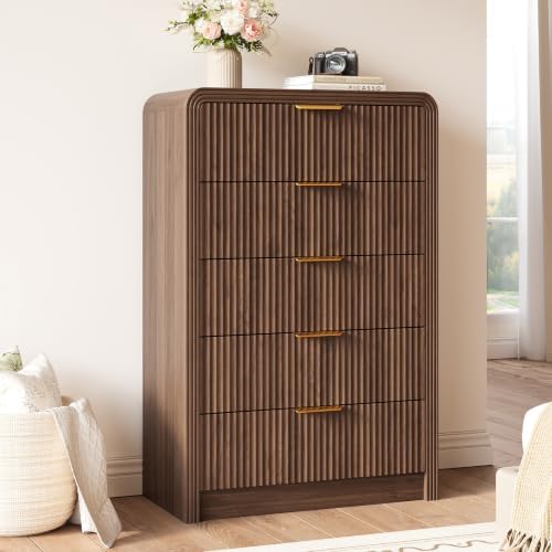 Decofy 48" H Fluted 5-Drawer Dresser for Bedroom, Walnut by Decofy