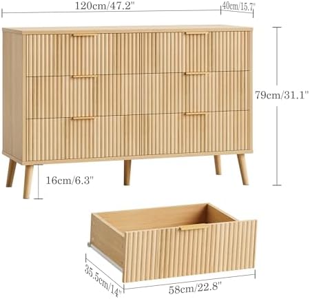 Fluted 6 Drawers Dresser for Bedroom, Wooden Wide Chest of Drawers with Metal Handle, Dresser TV Stand, Closet Storage Organizer for Entryway, Living Room, Hallway (Natural) - Image 2