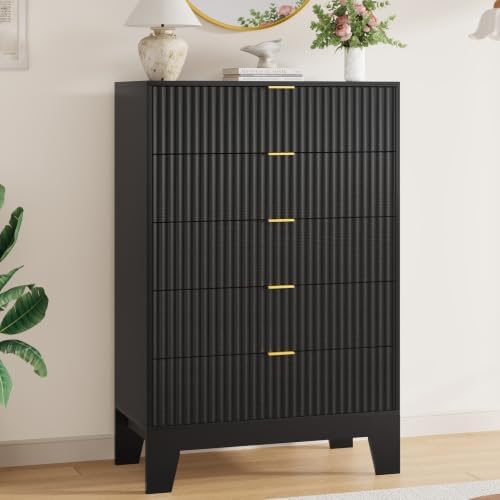 5 Drawer Dresser for Bedroom, 47" Tall Fluted Chest of Drawers, Black by Garvee