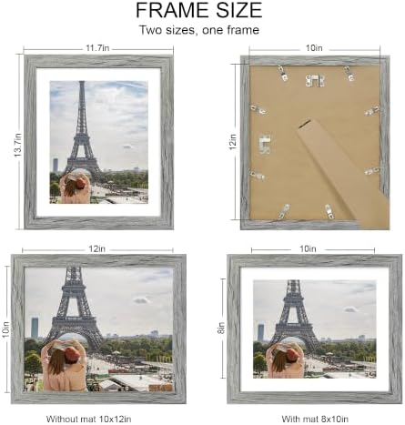 Hongkee 10x12 Picture Frame Set of 4, Made of Real Glass and Grey Frame - Display Picture 8x10 with Mat or 10x12 Without Mat, 10 by 12 Photo for Wall Mounting - Image 2