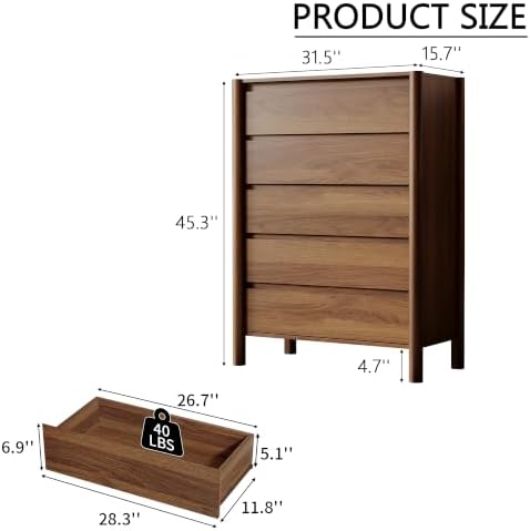 HOUROM Walnut Dresser for Bedroom,45"Tall 5 Drawer Mid Century Modern Chest - Image 2