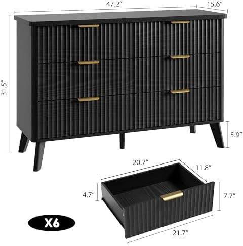 GarveeHome Fluted Dresser for Bedroom with 6 Deep Drawers, Black - Image 2