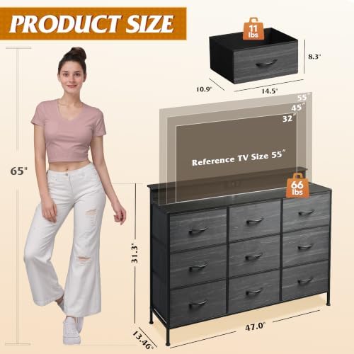 WLIVE Bedroom Dresser TV Stand 9 Drawers, Fabric Chest LED Lights, Charcoal - Image 3