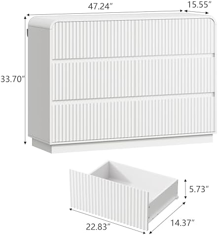 Wodeer White Dresser Fluted 6 Drawers Dresser for Bedroom, 47" Wide Wood Chest of Drawers with Hidden Handles & Rounded Corners, Modern TV Stand Storage Cabinet for Living Room, Hallway, Entryway - Image 2