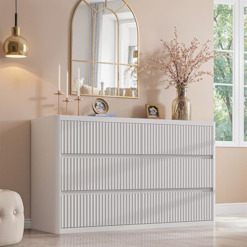 Standifurno White Fluted Dresser for Bedroom with 6 Drawers, 48" Wide Modern Curved Chest of Drawers, Wooden Dresser TV Stand, Wood Closet Clothes Storage Organizer for Living Room by StandifurnoFurniture