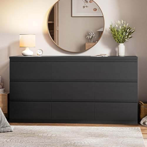 Jocoevol Modern 9 Drawer Dresser for Bedroom, Simply Chest of Drawers, Wood Storage Dresser with Deep Drawers for Living Room Hallway Entryway (Black) - Image 3