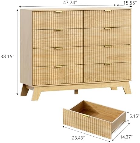 Wodeer 8 Drawer Fluted Dresser for Bedroom, Mid Century Modern Wooden Dresser with 8 Drawers, Dressers & Chests of Drawers with Metal Handle, TV Stand & Storage Organizer for Entryway, Hallway, Oak - Image 2