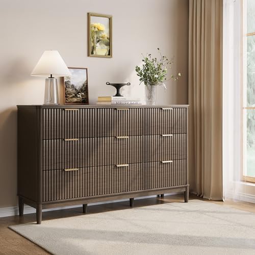 LINSY Fluted Dresser for Bedroom, Mid Century Modern Large Chest of Drawers with Gold Metal Handles, Wide Boho Wood Dressers with Storage, 9 Drawer, Dark Wood - Image 3