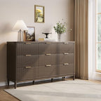 LINSY Fluted Dresser for Bedroom, Mid Century Modern Large Chest of Drawers with Gold Metal Handles, Wide Boho Wood Dressers with Storage, 9 Drawer, Dark Wood - Image 3