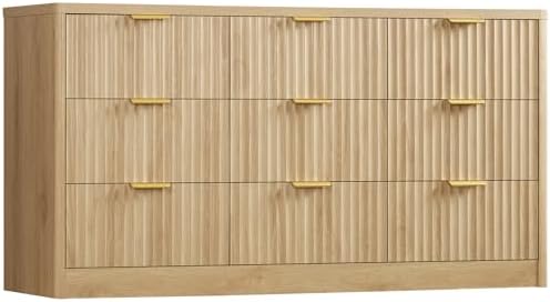 TEENFON 63" Dresser for Bedroom with 9 Drawers, Modern Dressers & Chest of Drawers with Metal Handles, Fluted Dresser, Wood Closet Clothes Storage Organizer for Living Room, Hallway, Natural by TEENFON