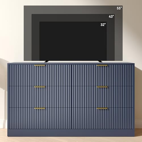 Blue Dresser with 6 Drawer 55" Wide Fluted Dresser for Bedroom丨Modern Chest of Drawer with Metal Handles, Wood TV Stand for Bedroom, Living Room, Entryway, Hallway, Blue - Image 7