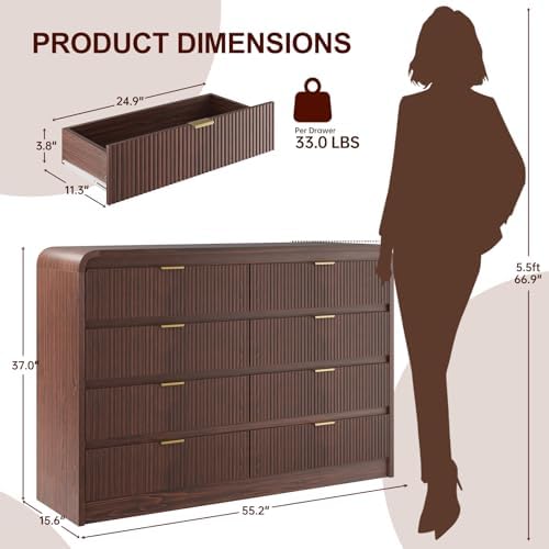 FURSUN Fluted 8 Drawers Dresser for Bedroom, 55" Wide Wooden Dresser with Metal Handle, Curved Profile Design, Modern Storage Organizer for Bedroom, Living Room, Hallway, Dark Walnut - Image 2