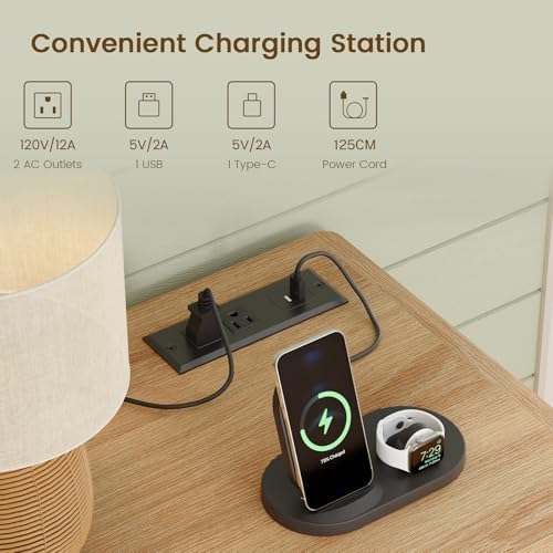 TEENFON Nightstands Set of 2 with Charging Station & LED Lights, Curved Corner Bedside Table 21.7" W, 2 Drawers & Open Shelf, USB-C & USB Ports, Natural, Storage End Table for Bedroom/Living Room - Image 6