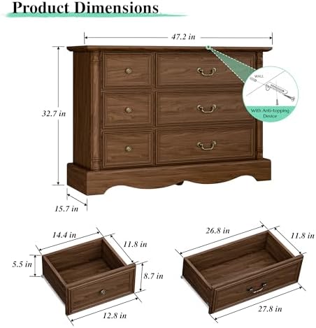 Farmhouse 6-Drawer Dresser with Charging Station for Bedroom - Image 2