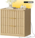 TEENFON Fluted Night Stand with 3 Storage Drawers, Nightstand with Charging Station and LED Light, Bedside Table for Small Space, Bedroom, Natural by TEENFON