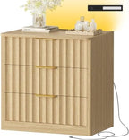 TEENFON Fluted Night Stand with 3 Storage Drawers, Nightstand with Charging Station and LED Light, Bedside Table for Small Space, Bedroom, Natural by TEENFON