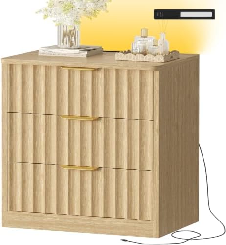 TEENFON Fluted Night Stand with 3 Storage Drawers, Nightstand with Charging Station and LED Light, Bedside Table for Small Space, Bedroom, Natural by TEENFON