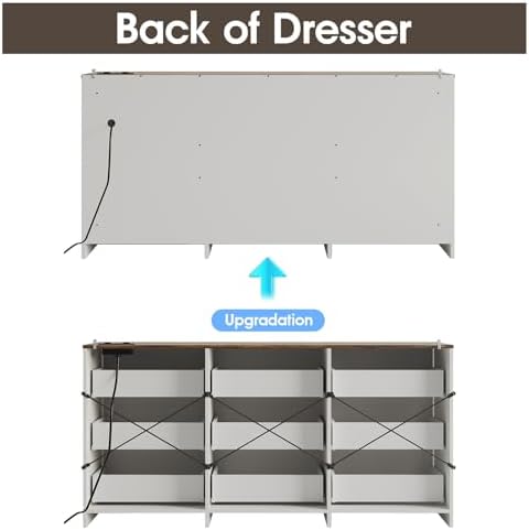 Fameill Dresser for Bedroom, 9 Drawer Wide Dresser Organizer with Charging Station, Tall Dresser for Hallway, Wood Dresser with Metal Handles, Farmhouse White - Image 3