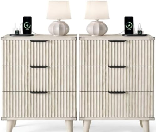 3 Drawers Nightstands Set of 2 w/Charging Station, Modern Fluted Dresser by Lulive