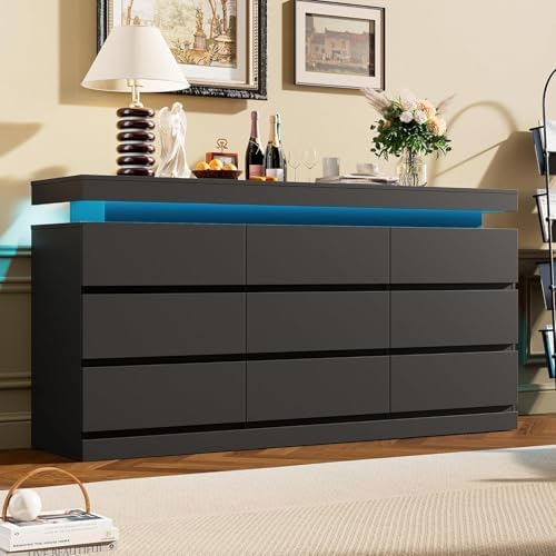 Garvee 9 Drawer Dresser for Bedroom - 63" Wide Chest of Drawers with LED Light and Charging Station, Large TV Stand Multi-Function Home Organizer for Living Room, Entryway, Hallway, Black by Garvee
