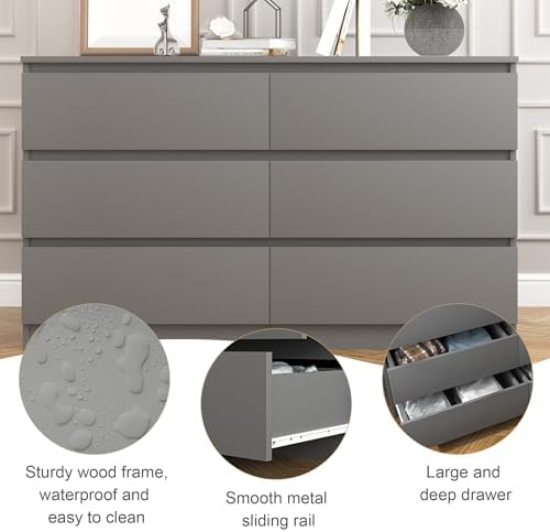Grey Dresser for Bedroom,48'' Modern 6 Drawer Dresser with Deep Drawer,Storage Chest of Drawers,Wood Bedroom Storage Furniture,TV Stand for Living Room - Image 3
